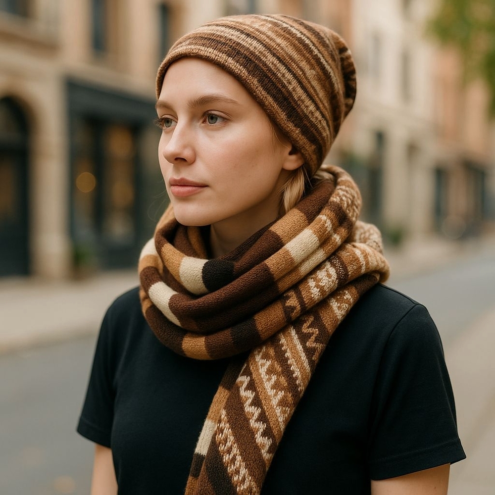 Brown Striped Knit Beanie and Scarf Set